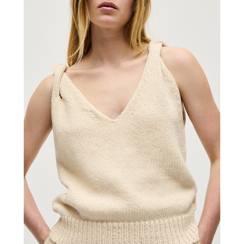 Babaa No 25 Mist Cotton Knit Sweater Vest V-Neck Twisted Strap Cream OS